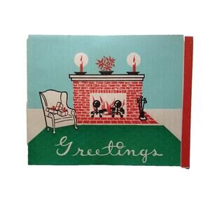 Christmas Holiday Greeting Card Vintage Fireplace Mid Century Sent From Doctor